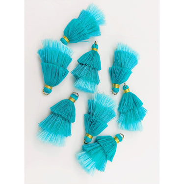 Blue Small Cotton Tassels in Three Layers With Gold Colour Brass Loop Ring, Tassel Charms x 5